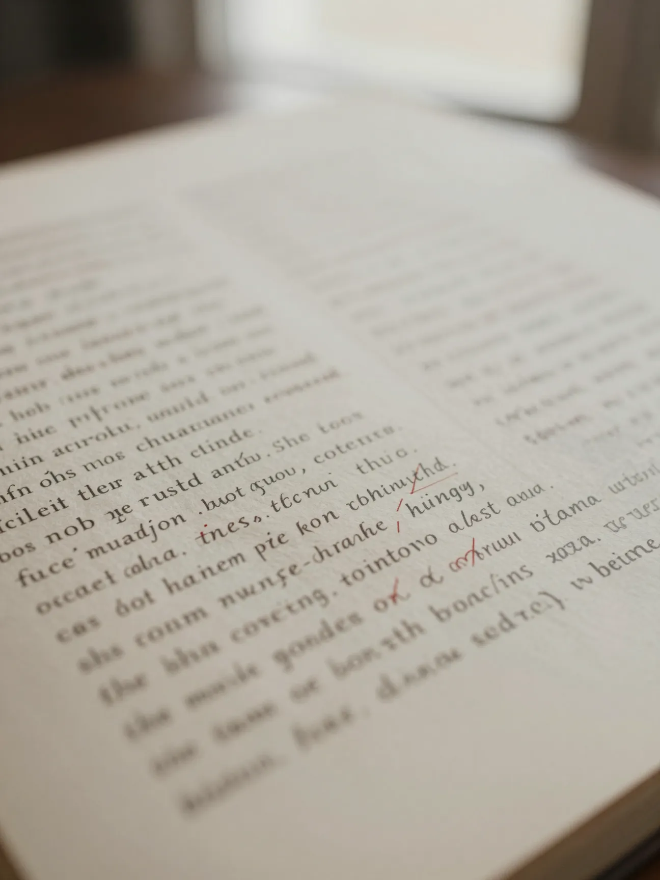 A manuscript page marked with handwritten editorial line edits and margin notes